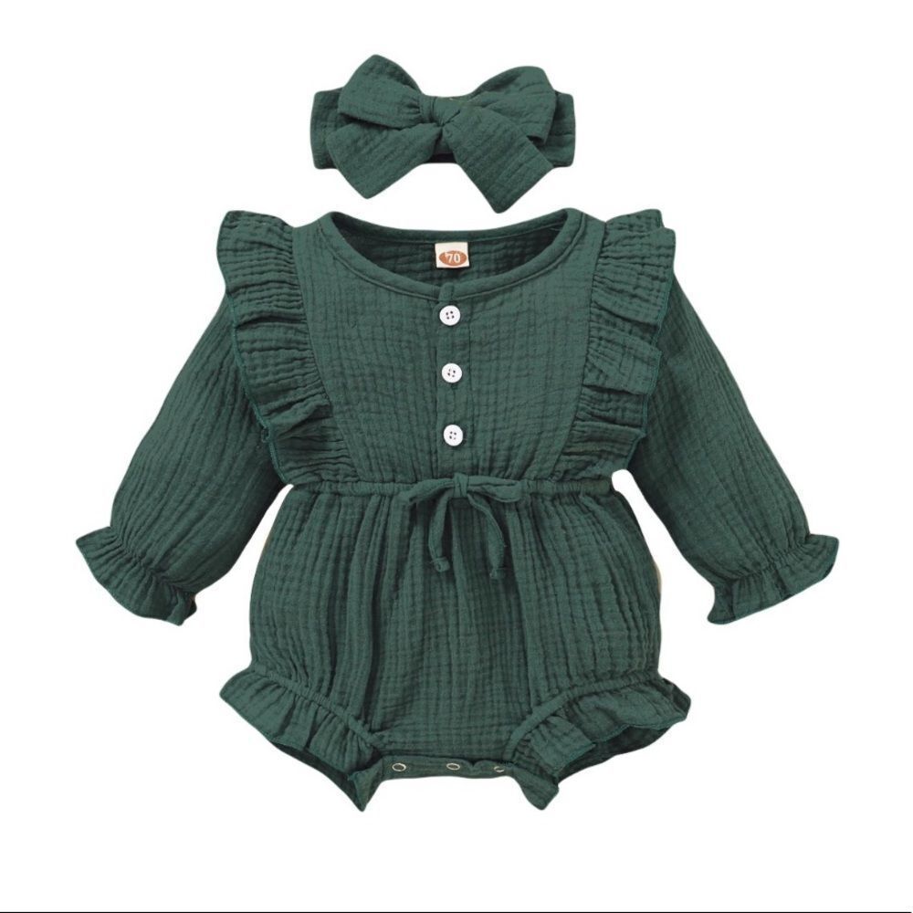 Baby girl green ruffle onesie w/ headpiece 6-9 mo.